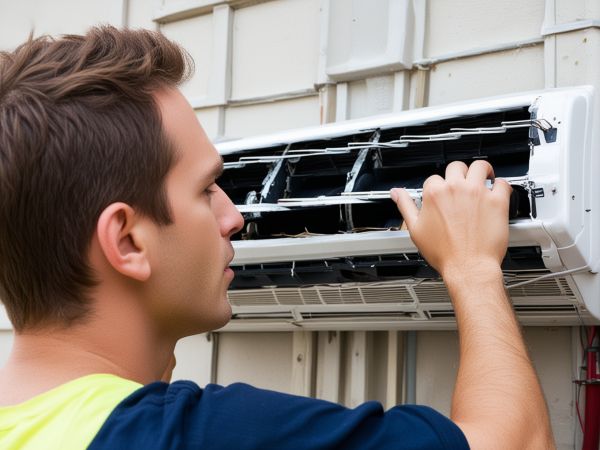 HVAC technician performing maintenance and cleaning service